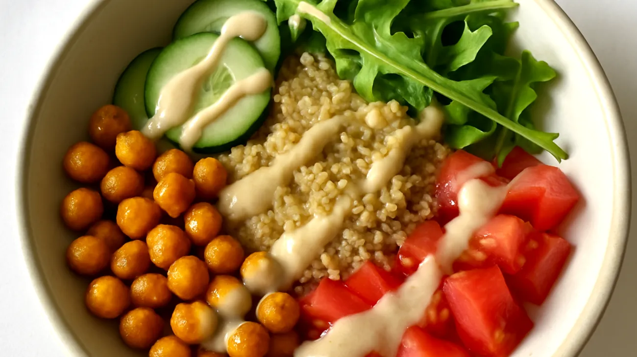 Amaranth-Quinoa-Bowl mit gerösteten Kichererbsen und Tahini-Dressing"