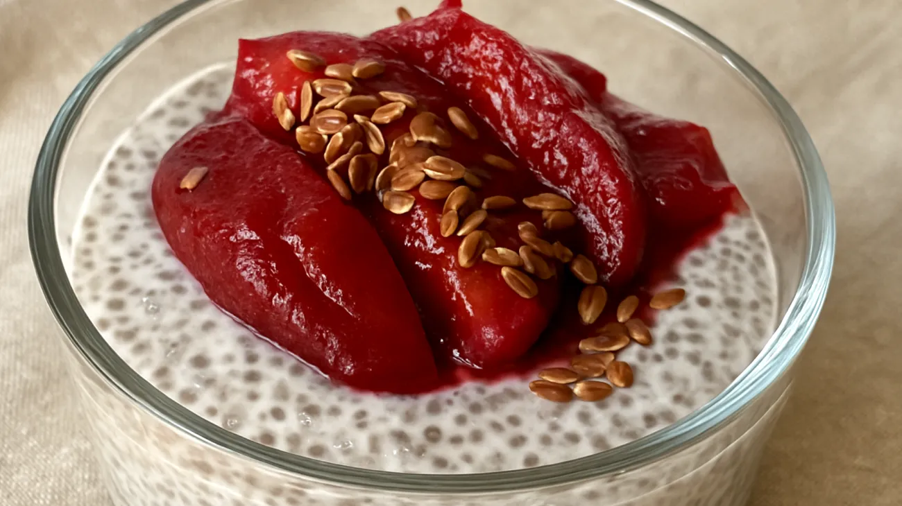 Chia-Pudding mit Leinsamen und gedünsteten Pflaumen"