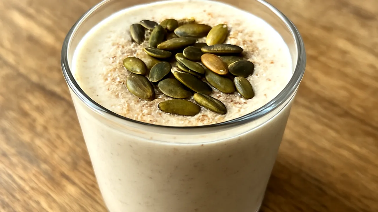 Kefir-Smoothie mit Flohsamenschalen und gerösteten Kürbiskernen"