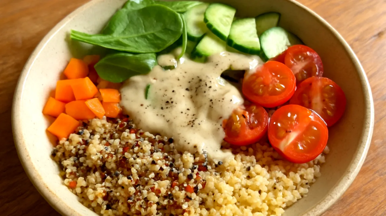 Quinoa-Bulgur-Bowl mit Tahini-Zitronen-Dressing"