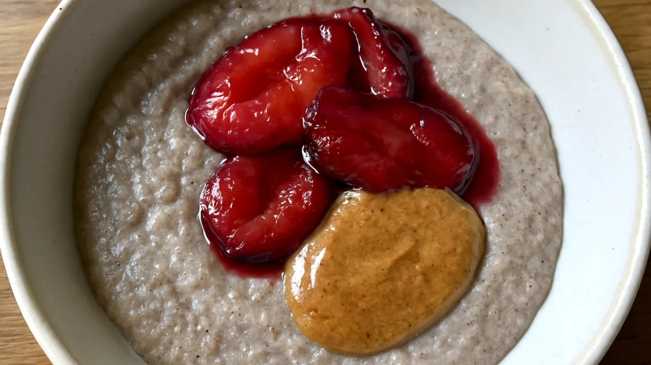 Teff-Porridge mit fermentierten Pflaumen und Mandelmus"
